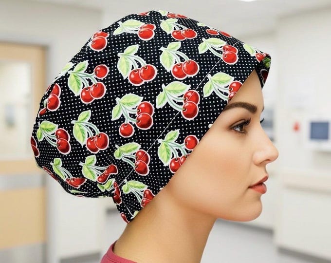 Euro Style Surgical Scrub Cap Nurse Uniform Hat Operating Room Surgeon Cap - Cherries on Black with Polka Dot Print