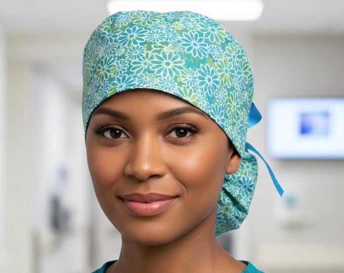 Surgical Scrub Cap with Ponytail Blue and Green Floral Print Nurse Uniform Hat for Operating Room