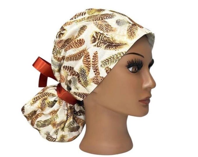 Feathers Print with Brown Ribbon Tie  Surgical Scrub Cap with Ponytail Nurse Uniform Hat for Operating Room