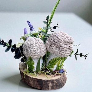Crochet Mushroom Pincushion on Wooden Platform - Cottagecore Decor