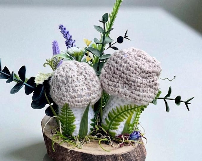 Crochet Mushroom Pincushion on Wooden Platform - Cottagecore Decor
