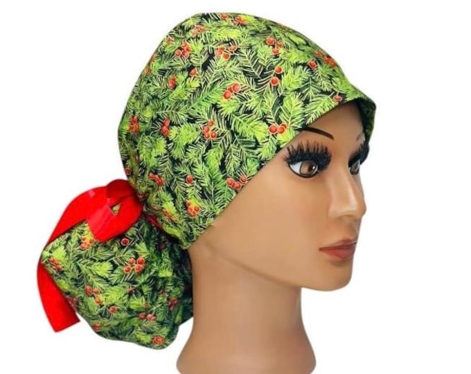 Christmas Greenery Print Surgical Scrub Cap with Ponytail Nurse Uniform Hat for Operating Room