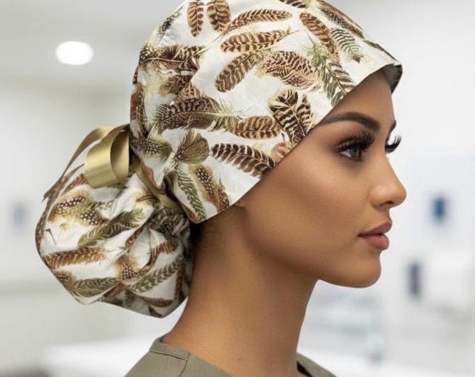 Surgical Ponytail Scrub Cap  Nurse Uniform Hat for Operating Room - Feathers Print with Tan Ribbon Tie
