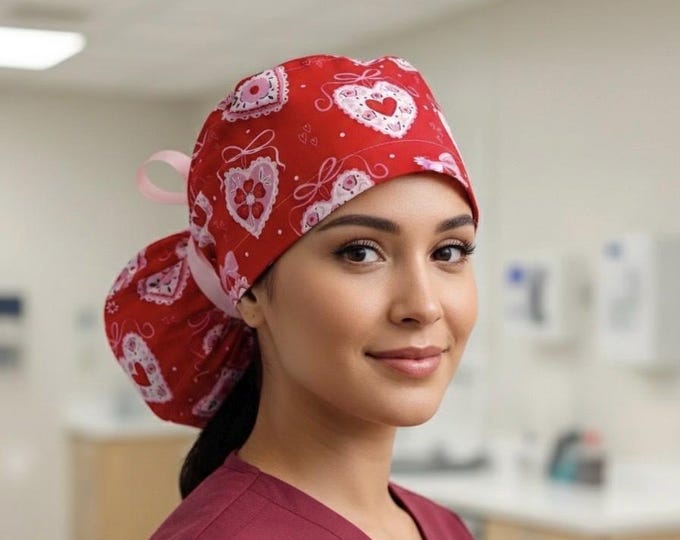 Valentines Day Surgical Scrub Cap with Ponytail Nurse Uniform Hat for Operating Room Heart Stamps with Bows