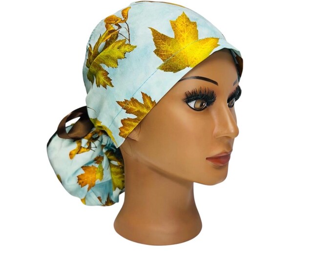 Surgical Ponytail Scrub Cap Nurse Uniform Hat for Operating Room Autumn Fall Foliage Leaves