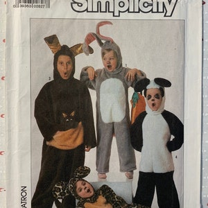 May include: Simplicity pattern 8331 for children's costumes, size 2-4. The image shows four children in animal costumes: a kangaroo, a rabbit, a panda, and a leopard. The costumes are made of soft, plush fabric and feature hoods and attached accessories.