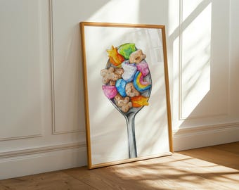 May include: Watercolor painting of a spoon filled with colorful cereal pieces. The cereal shapes include stars, hearts, and rainbows in shades of pink, blue, green, and orange. The spoon is gray, and the artwork is framed in a wooden frame.