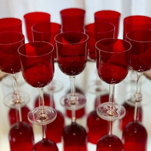 Vintage Mid-Century Ruby Red Goblets – Clear Stem Glassware, Set of 6 (8” Tall)