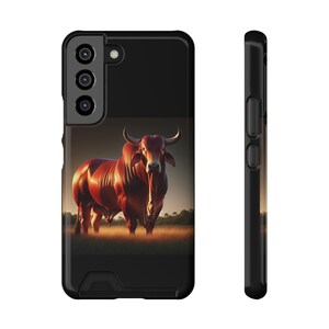 携帯電話ケース、赤いブラフマン牛のデザイン、カードスロット付きのユニークな携帯電話カバーホルダー、ウエスタン牛愛好家へのギフト、農場の動物の携帯電話ウォレット