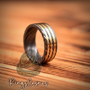Bagues en acier damas Bague de mariage en or rose Bague de promesse dôme Bague de mariage en bois Bagues en acier damas Bague de fiançailles incrustée d&#39;or Alliance