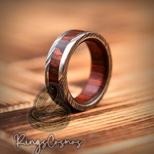 Damascus Steel Whiskey Barrel Steel Rings Dome Promise Ring Wood Wedding Ring Damascus Steel Rings Wood Inlay Engagement Ring Wedding Band