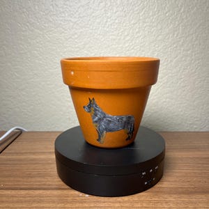 May include: A terracotta flower pot with a hand-painted image of a blue heeler dog. The pot is sitting on a black turntable.