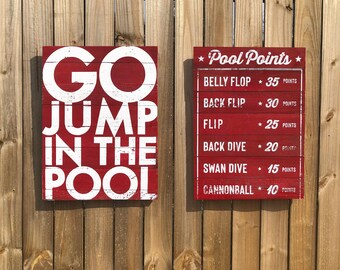 Indoor Outdoor Pool Sign Set, Rustic Go Jump in the Pool, Pool Points Game, Pool House Decor, Welcome to the Pool 21 x 28 Each