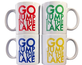 Colorful Set of Four Go Jump in the Lake Mugs