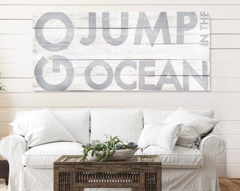 Beach sign, beach house art,  beach house decor, Go Jump in the Ocean Wood Sign: Rustic Beach House Decor (28 x 64)