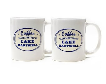 Custom Lake mugs- Lake Hartwell Georgia  or other lake- 11 ounce coffee  mug- Set of two- Printing on both sides of mug