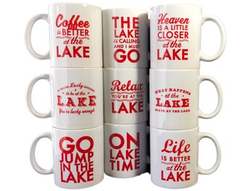 Set of Nine Lake Mugs, white with Red type, Mugs for the Lake House, Lake House Coffee Mugs