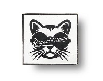 Reynoldstown Sunglasses Cat Wooden Sign: Atlanta Wall Decor (7x7)