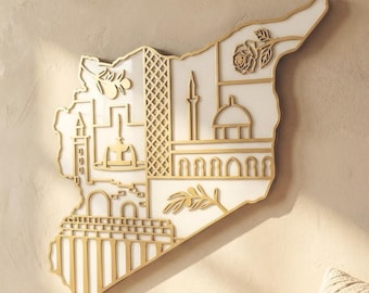Syria Map Wall Art with Syrian Heritage Symbols, Glossy Finish