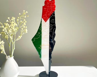 Palestine Map with Flag Colors and Engraved Cities, Glossy Finish
