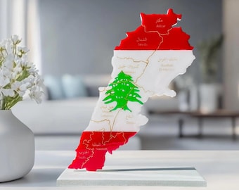 Kaart van Libanon met vlagkleuren en gegraveerde gouvernementen, glanzende afwerking