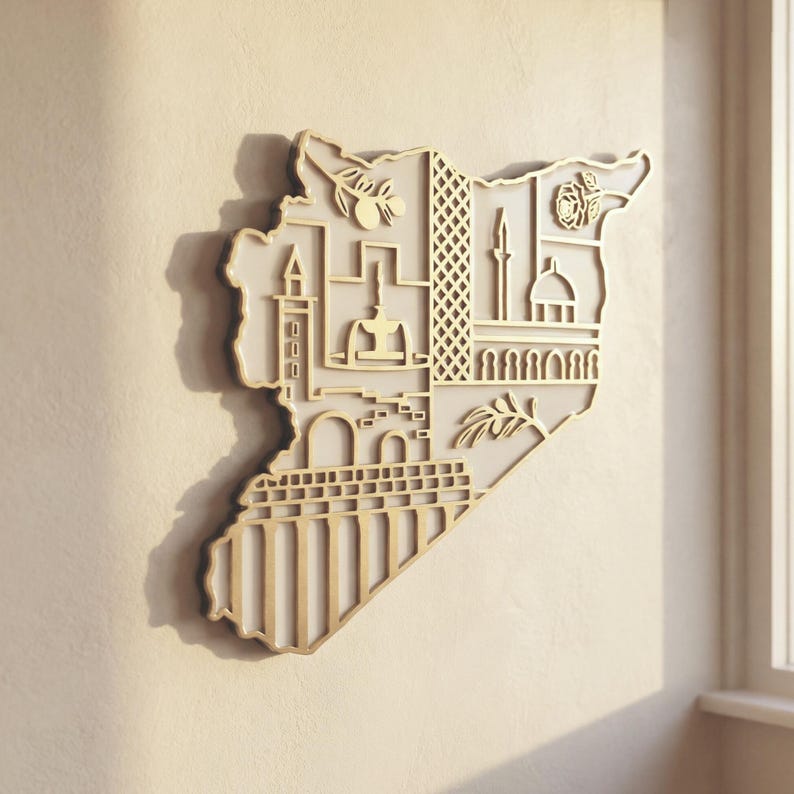 Syria Map Wall Art With Syrian Heritage Symbols, Glossy Finish - Etsy