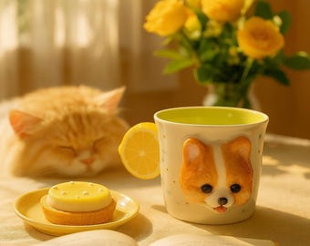 Puede incluir: Una taza de cerámica con un diseño de cara de perro corgi, un asa de rodaja de limón y un interior verde claro. Una pequeña tarta amarilla está sobre un plato amarillo. Un gato naranja durmiente y rosas amarillas en el fondo.