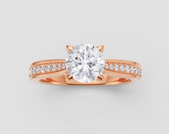 Split Band Moissanite Ring | 1ct Round GRA Certified | DEF / VVS1 | Rose Gold Solitaire Pavé | Fuego Jewels