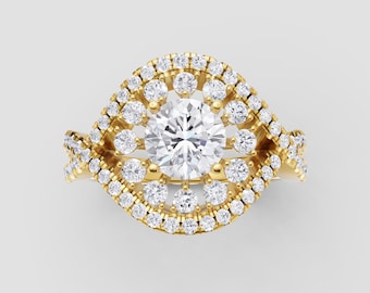 Floral Cluster Moissanite Ring | 1ct Round GRA Certified | DEF / VVS1 | Yellow Gold Floral Band | Fuego Jewels