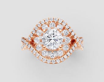 Floral Cluster Moissanite Ring | 1ct Round GRA Certified | DEF / VVS1 | Rose Gold Criss-Cross Band | Fuego Jewels