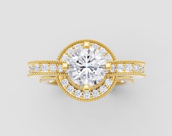 Vintage Inspired Moissanite Ring | 1ct Round GRA Certified | DEF / VVS1 | Yellow Gold Antique Style | Fuego Jewels