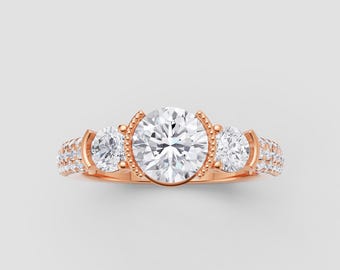 Three Stone Moissanite Ring | 1ct Round GRA Certified | DEF / VVS1 | Rose Gold Milgrain Detail | Fuego Jewels