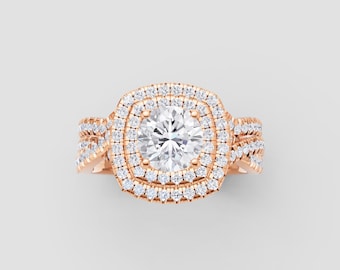 Bold Cluster Moissanite Ring | 1ct Round GRA Certified | DEF / VVS1 | Rose Gold Split Band Statement | Fuego Jewels