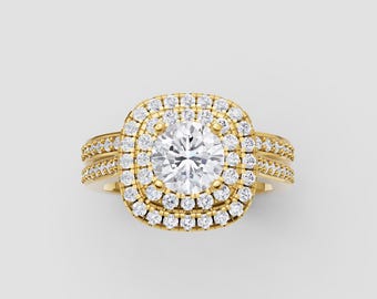 Double Halo Moissanite Ring | 1ct Round GRA Certified | DEF / VVS1 | Yellow Gold Statement Ring | Fuego Jewels