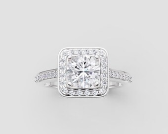Square Halo Lab-Grown Diamond Ring | 1ct Round IGI Certified | DEF Color / VVS1-2 Clarity | White Gold Split Band | Fuego Jewels