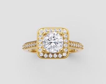 Square Halo Lab-Grown Diamond Ring | 1ct Round IGI Certified | DEF Color / VVS1-2 Clarity | White Gold Split Band | Fuego Jewels