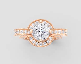 Vintage Inspired Moissanite Ring | 1ct Round GRA Certified | DEF / VVS1 | Rose Gold Milgrain Band | Fuego Jewels