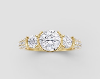 Three Stone Moissanite Ring | 1ct Round GRA Certified | DEF / VVS1 | Yellow Gold Milgrain Band | Fuego Jewels