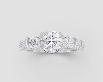 Three Stone Lab-Grown Diamond Ring | 1ct Round IGI Certified | DEF Color / VVS1–2 Clarity | Yellow Gold Milgrain Detail | Fuego Jewels