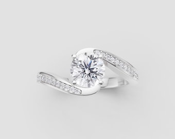 Bypass Twist Moissanite Ring | 1ct Round GRA Certified | DEF / VVS1 | White Gold Pavé Shank Ring | Fuego Jewels