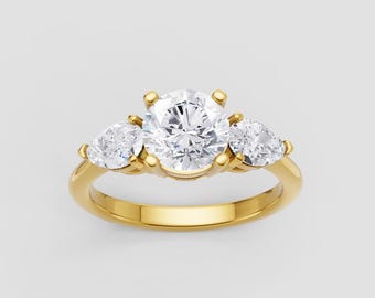 Three Stone Lab-Grown Diamond Ring | 1ct Round IGI Certified | Pear Side Stones | DEF Color / VVS1–2 Clarity | Yellow Gold | Fuego Jewels
