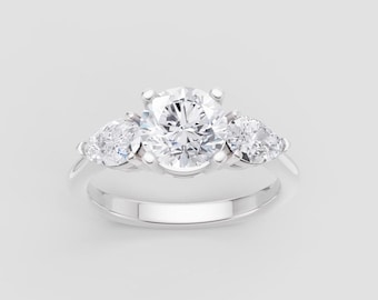 Three Stone Lab-Grown Diamond Ring | 1ct Round IGI Certified | Pear Side Stones | DEF Color / VVS1–2 Clarity | White Gold | Fuego Jewels