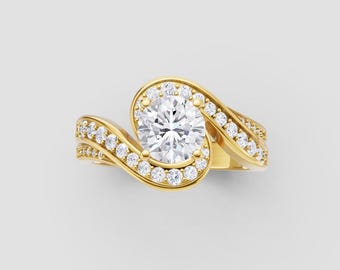 Swirl Halo Moissanite Ring | 1ct Round GRA Certified | DEF / VVS1 | Yellow Gold Swirl Halo Ring | Fuego Jewels