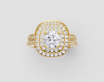 Triple Halo Moissanite Engagement Ring | 1ct Round Center | DEF VVS1 GRA Certified | Yellow Gold Designer Ring | Fuego Jewels