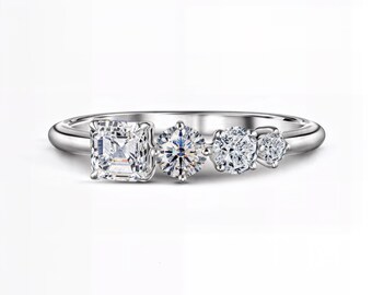 Asscher & Round Multi-Stone Lab Diamond Ring | Asymmetrical Design | E-F VS1-2 | Silver, Gold, Platinum | Fuego Jewels