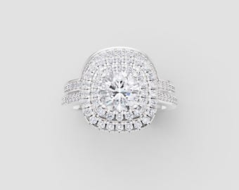 Triple Halo Moissanite Engagement Ring | 1ct Round Center | DEF VVS1 GRA Certified | White Gold Bridal Glam | Fuego Jewels