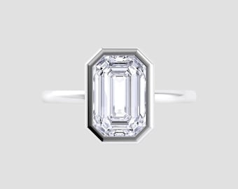 Vertical Emerald Cut Bezel Moissanite Engagement Ring – DEF Color / VVS1 Clarity | Fuego Jewels