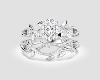 2 Ct Oval Lab-Grown Diamond Twig Ring Set – Nature Leaf Branch Bridal | IGI Certified | 14K White Gold | Fuego Jewels
