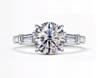 2 Ct Round IGI Lab-Grown Diamond Ring with Baguette Side Stones | D–E / VVS1–2 | Silver, 10K 14K 18K Gold, Platinum | Fuego Jewels