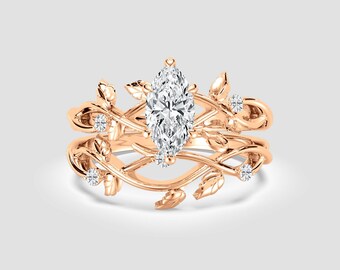 Marquise-Cut Vine Engagement & Wedding Ring Set | Botanical Lab-Grown Diamond Bridal Set | DEF Color / VS1-2 Clarity | IGI Certified